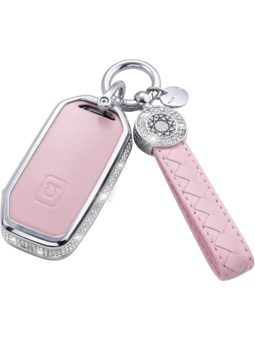 Stylish Pink Leather Key Fob Cover with Keychain - Crystal Protection Shell for